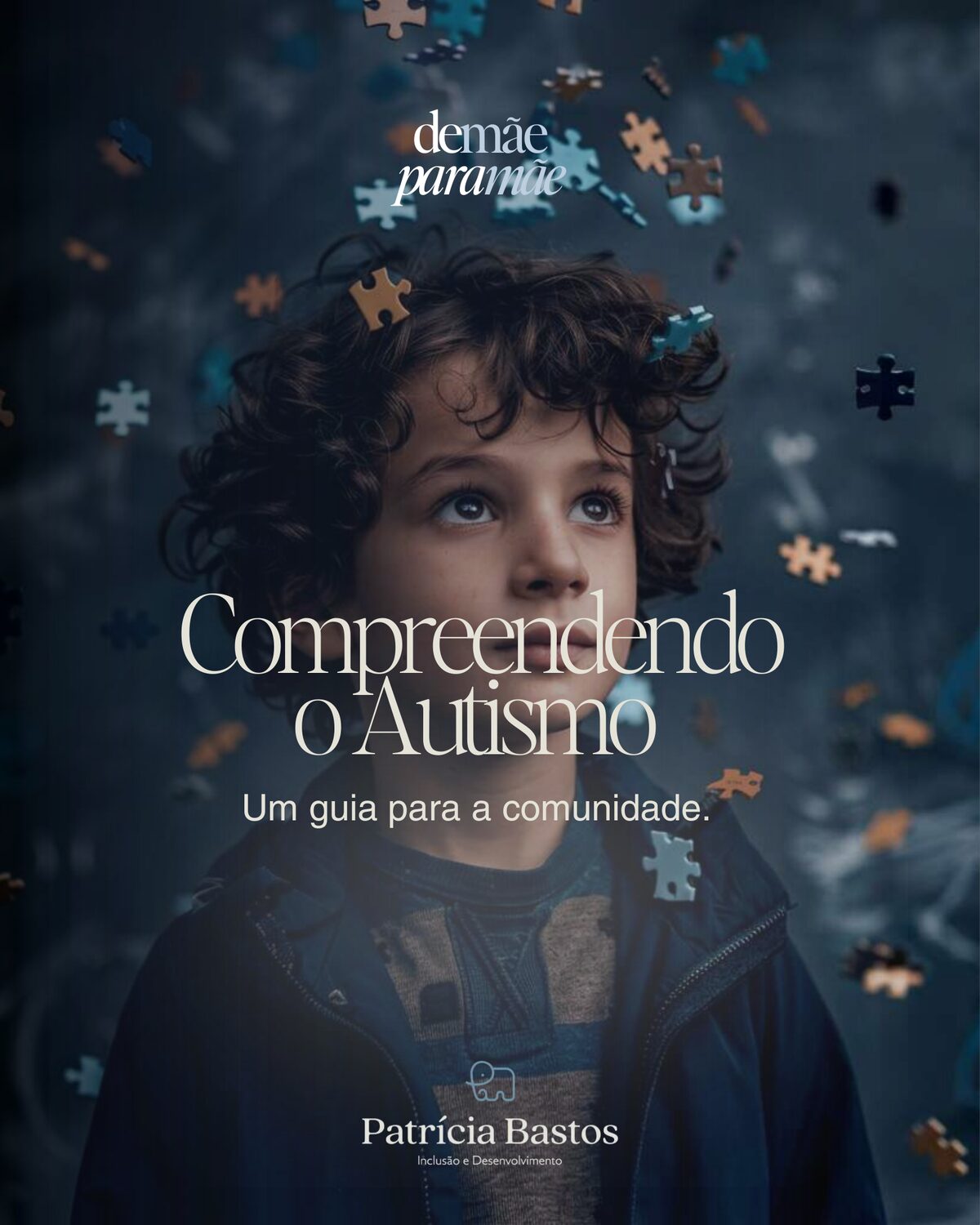 Capa do e-book “Compreendendo o Autismo: um guia para a comunidade”, com um menino olhando para cima entre peças de quebra-cabeça